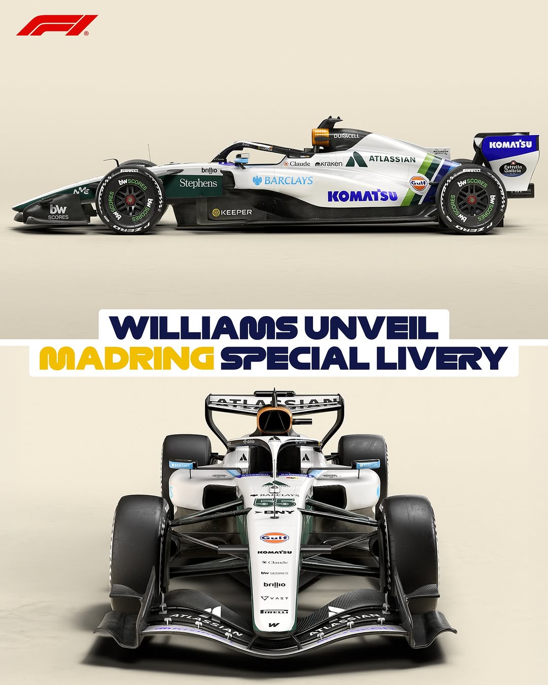 Throwback livery! 😍 @williamsf1team have a special look for the MADRING, inspired by the last time we raced in Madrid 45 years ago! Their c
